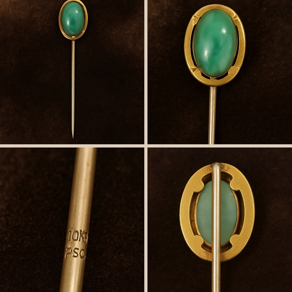 💎 Antique German 10KT Gold Stick Pin – Genuine Chrysoprase Cabochon –Marked PSC